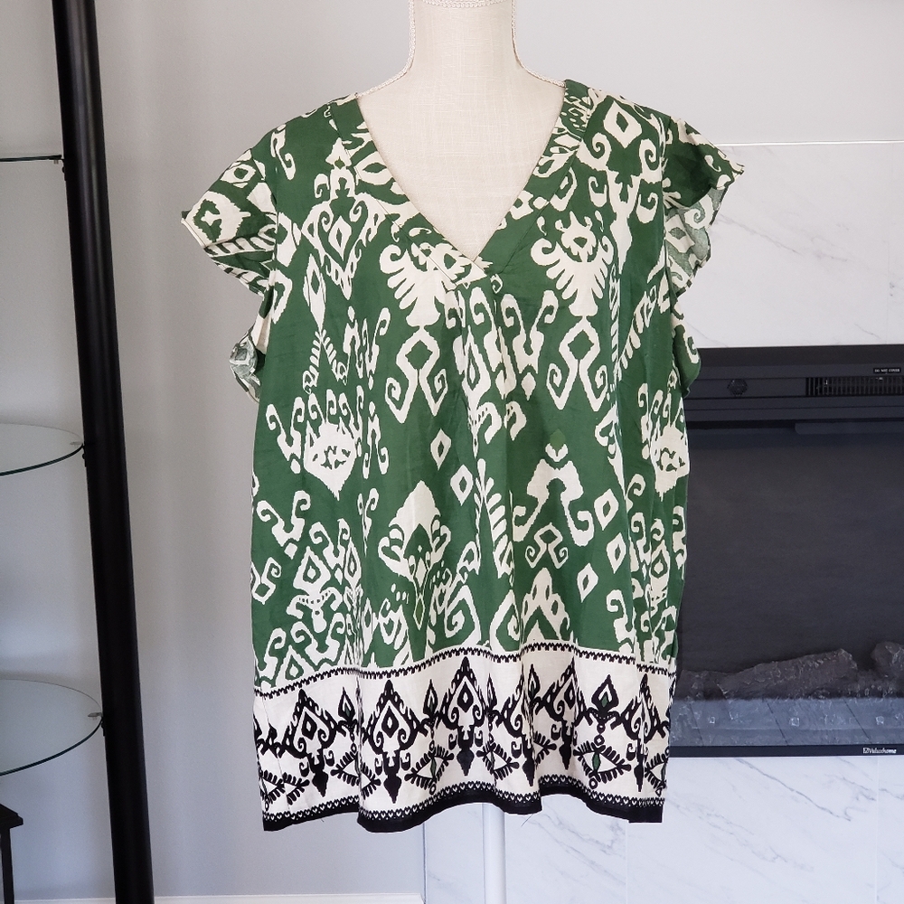 Haute Hippie Linen Blend Top Short Womens Plus Size 2X. Green Cream And Black